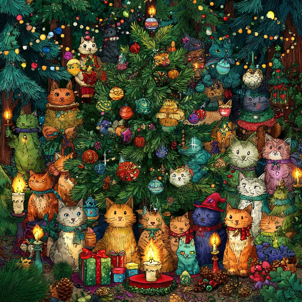 Illustrated cats around a decorated Christmas tree with ornaments, candles, and presents