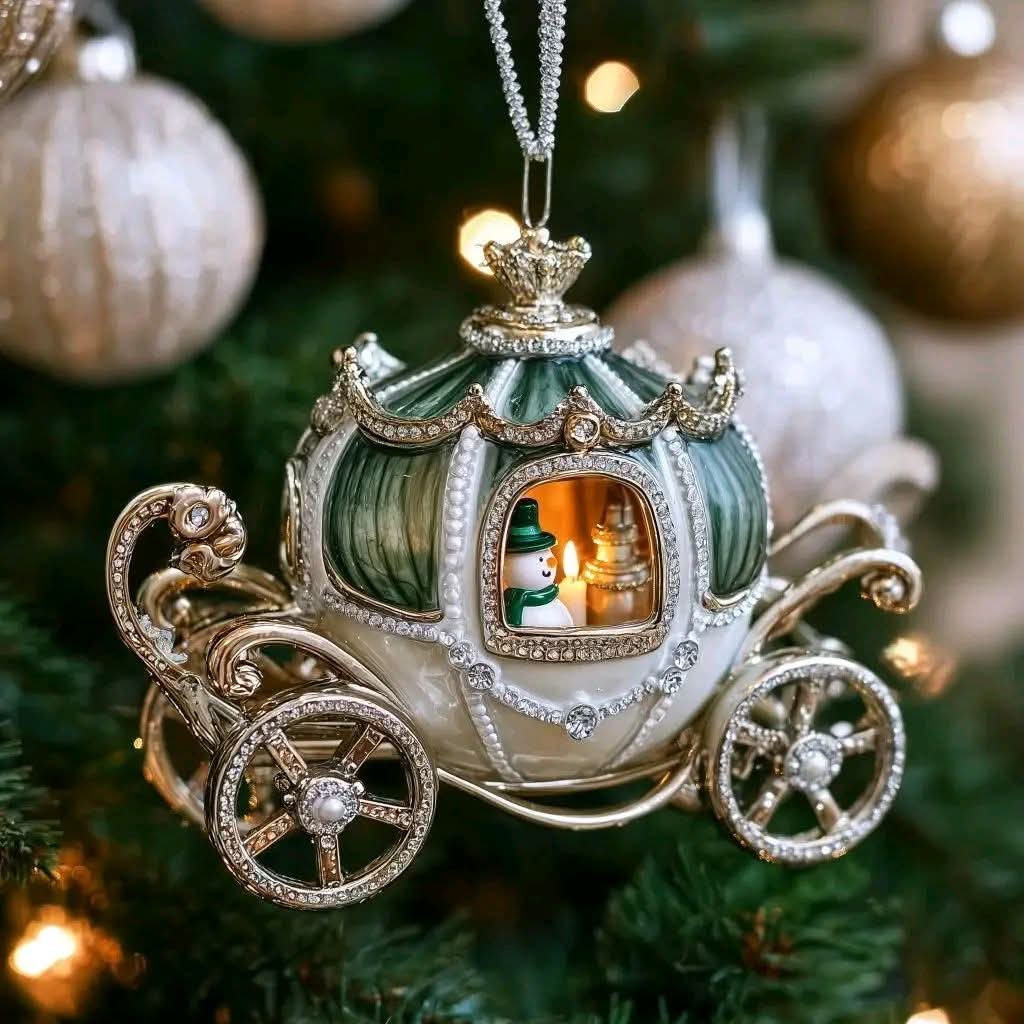 Ornate silver carriage ornament with glowing interior hanging on Christmas tree with blurred decorations