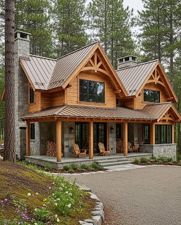 Rustic timber frame cabin with metal roof surrounded by pine trees