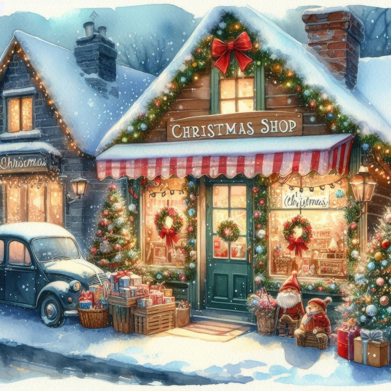 Festive Christmas shop with holiday decorations, snow-covered roof, glowing windows, and vintage blue car parked outside