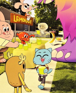 Animated characters at a lemonade stand in a sunny yard