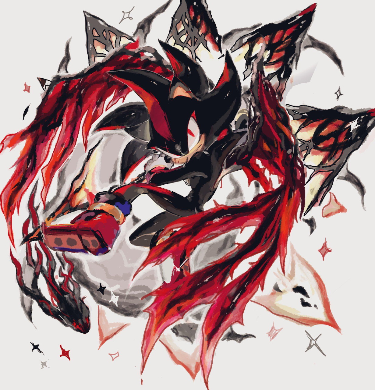Stylized black and red Doom Shadow character with swirling sharp wing-like forms on a light background