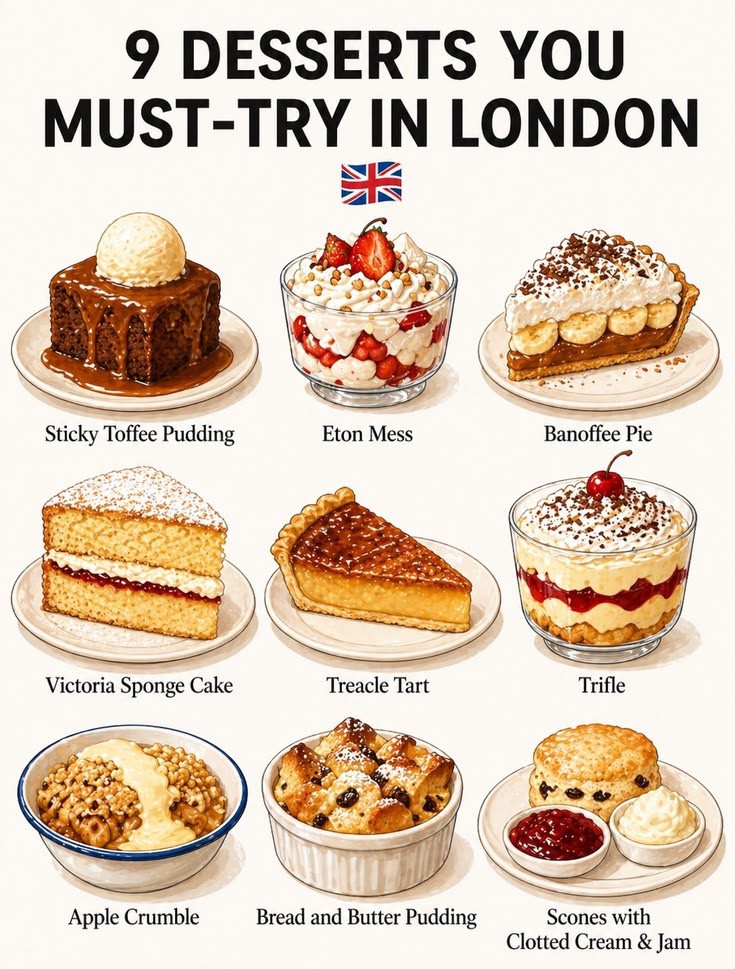 Illustrated poster of nine London desserts with labels, including sticky toffee pudding, Eton mess, and trifle