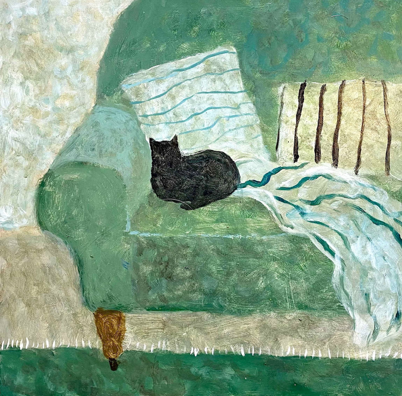 Black cat sitting on green sofa with decorative pillows in folk art painting style