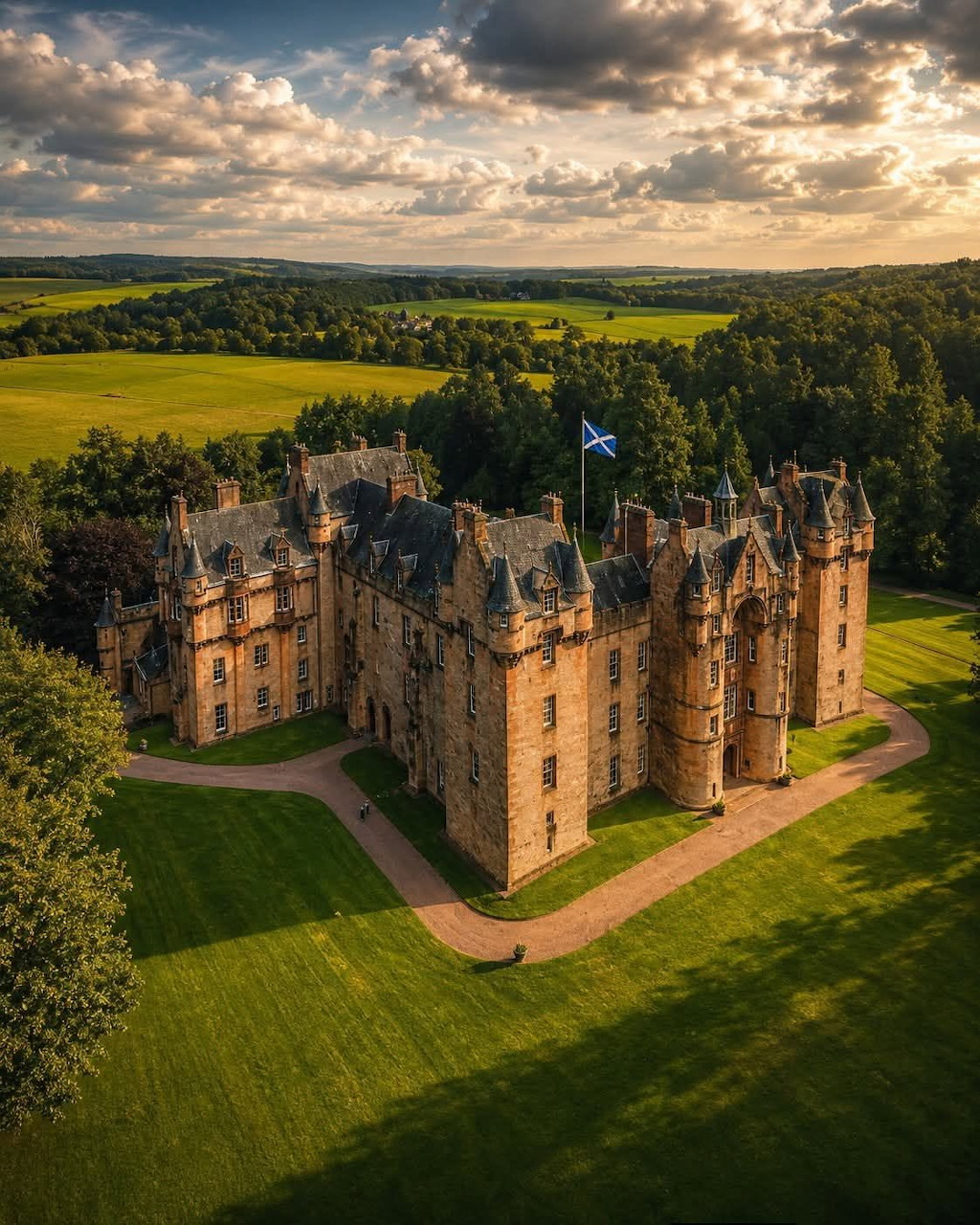 Aerial view of Fyvie Castle surrounded by green lawns, trees, and countryside in Scotland
