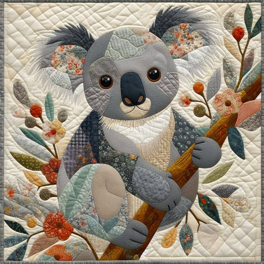 Quilted fabric art of a koala with flowers on cream textured background