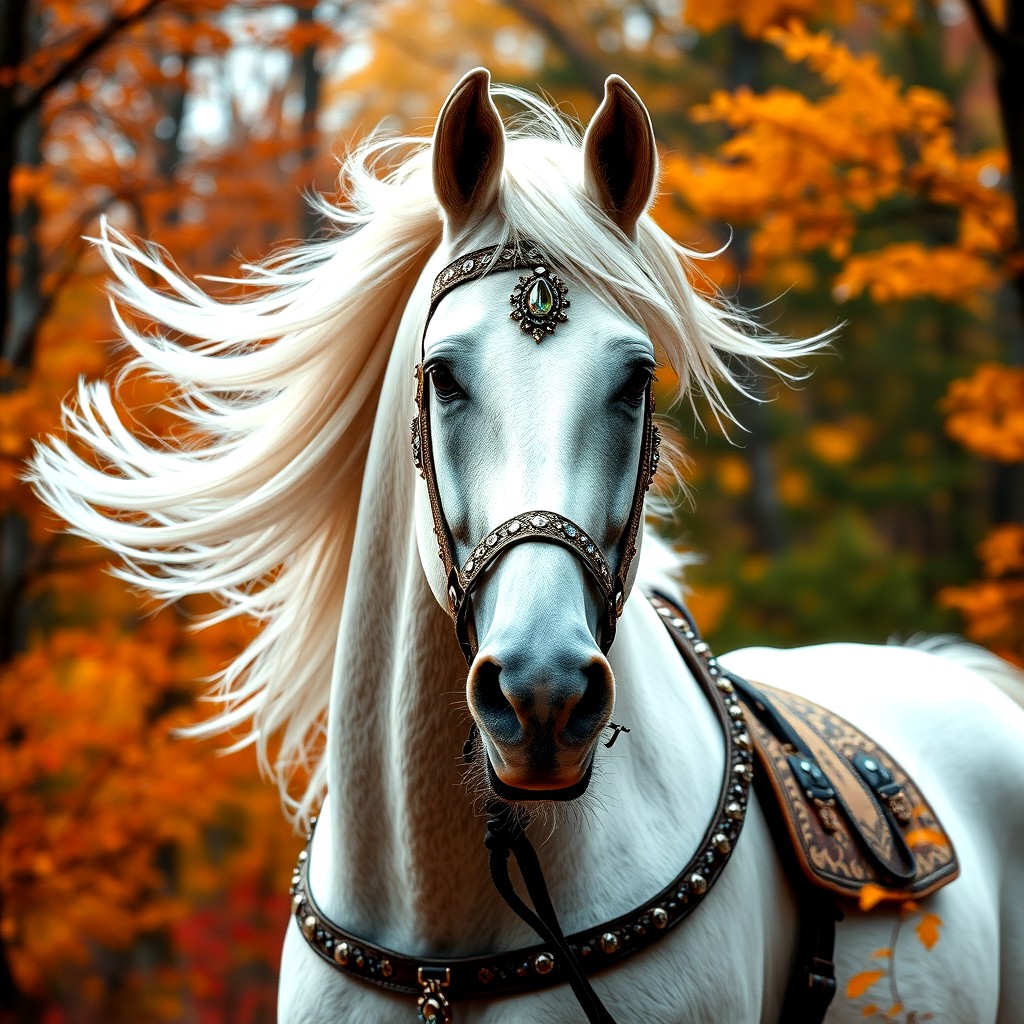White horse with flowing mane in autumn forest with orange foliage