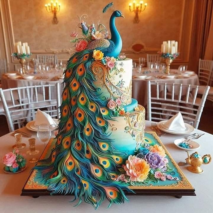 Peacock-themed tiered cake with a long colorful feather tail and sugar flowers on a banquet table