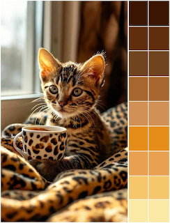 Tabby kitten with green eyes on leopard print blanket by window