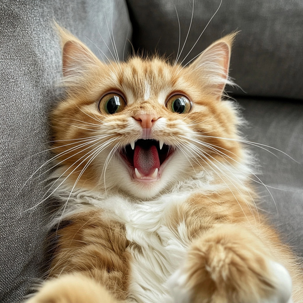 Ginger tabby kitten with wide eyes and open mouth showing surprised expression on gray couch