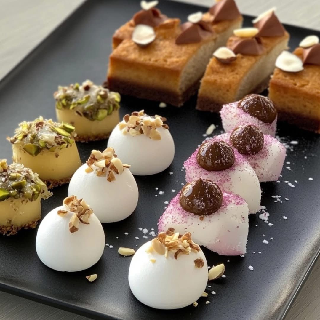 Four rows of elegant mini desserts arranged on a black slate plate