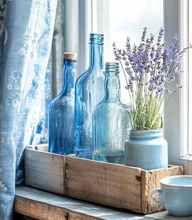 Blue Bottles and Lavender Windowsill