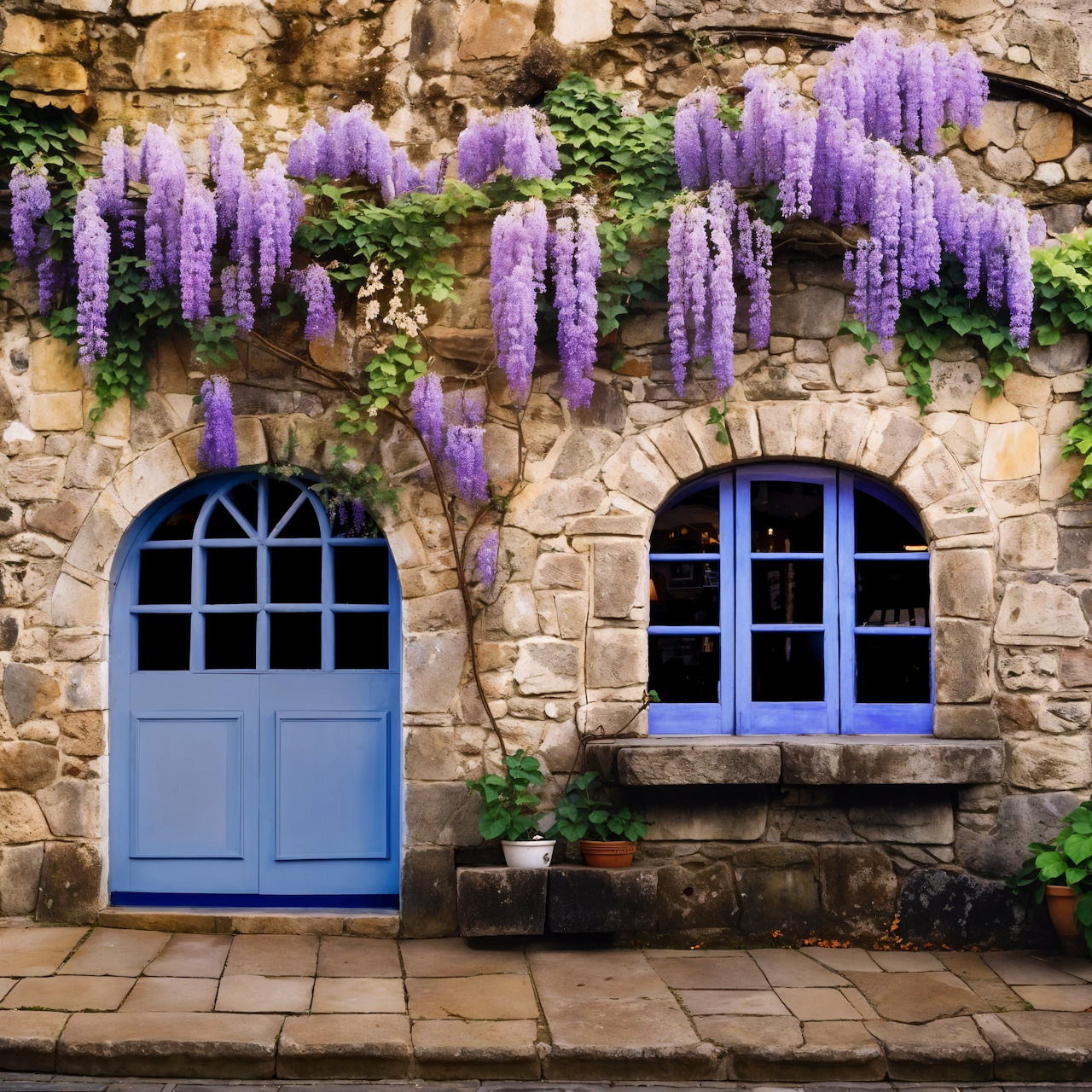 Old stone house with purple wisteria hanging over blue door and window