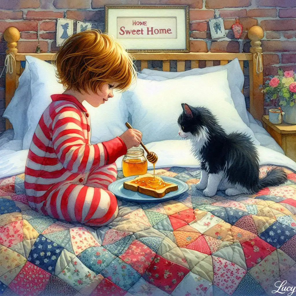 Child in red striped pajamas having breakfast with black and white cat on quilted bed