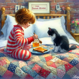 Child and Cat Breakfast in Bed