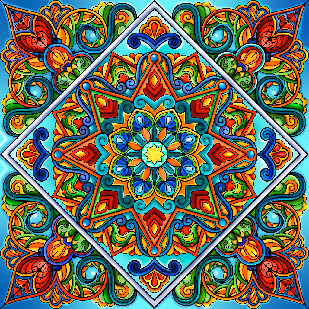 Colorful symmetrical mandala with intricate floral and geometric patterns in vivid red, blue, orange, green, and yellow