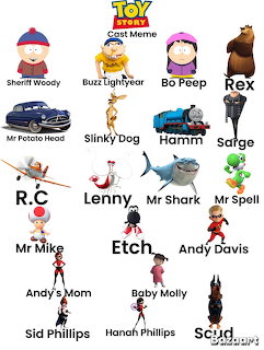 Cartoon Toy Story cast meme collage with labeled parody characters on a white background