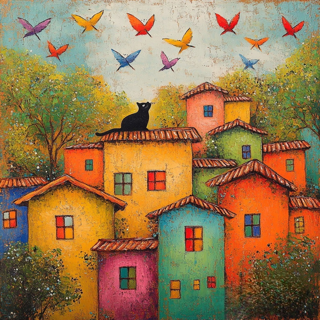 Cat on Colorful Village Rooftops