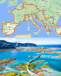Map of Europe with route outline above aerial photo of coastal bridge road through blue waters and green islands