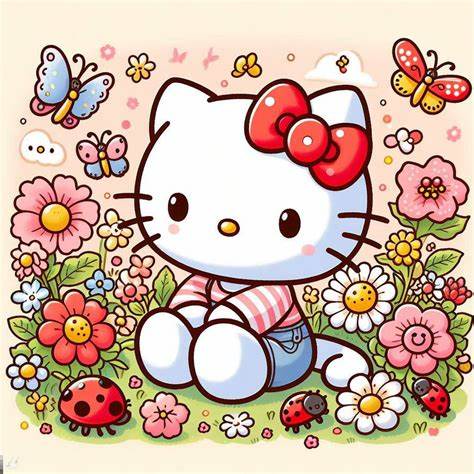 Hello Kitty sitting in garden with flowers, butterflies and ladybugs