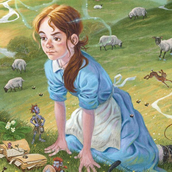 Young woman in blue dress overlooking pastoral hillside with sheep and fox