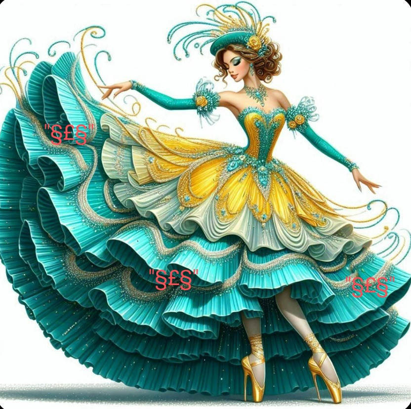 Woman wearing ornate teal and yellow layered gown with peacock feather headdress on white background