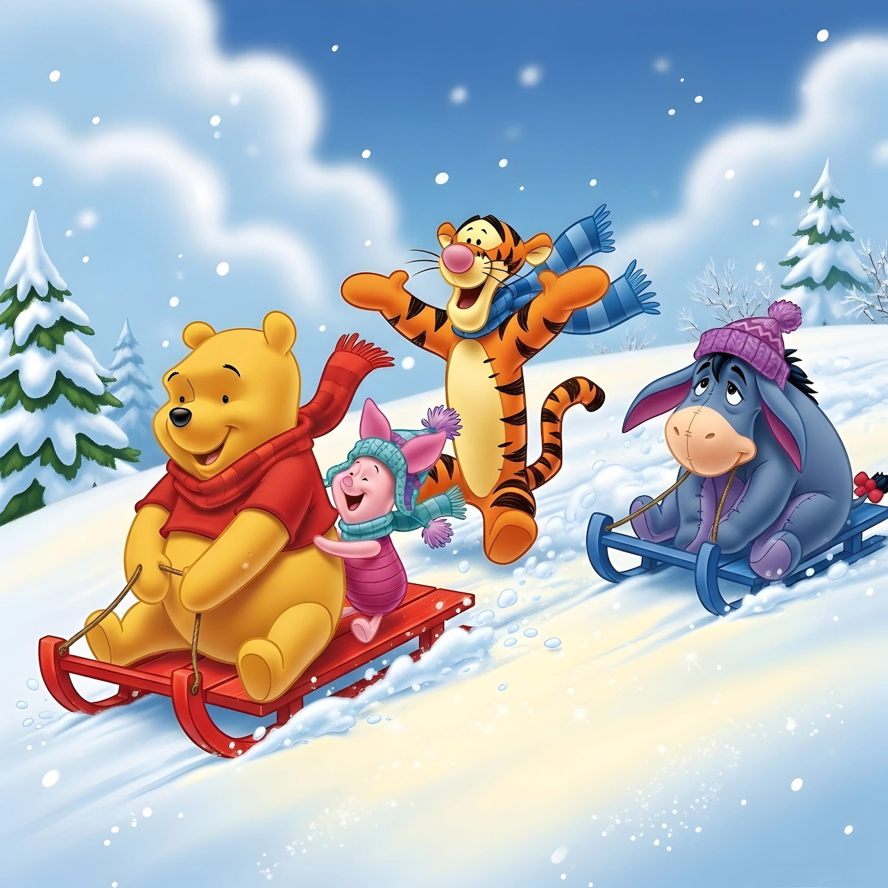 Winnie the Pooh characters sledding down snowy hill in winter scene