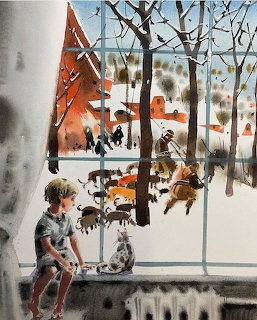 Watercolor of child at window viewing winter village scene with people and snow outside