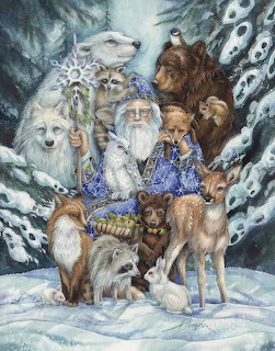 Wizard with white beard in blue robe standing with wolves, bear, owl and fox in snowy forest