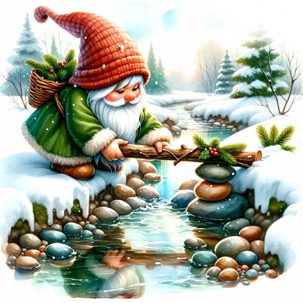 Christmas gnome in red hat building stone bridge over winter stream with snow and pine trees
