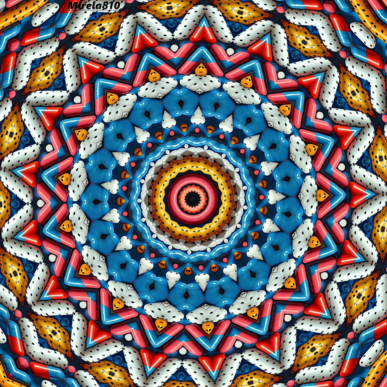Intricate mandala with radiating geometric patterns in blue, red, gold, and white with central yellow core