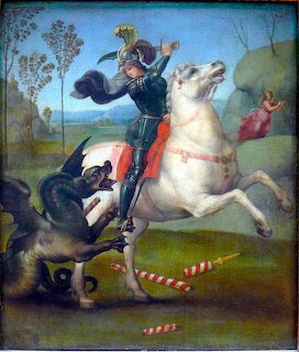 Knight on white horse spearing dragon while princess watches in background