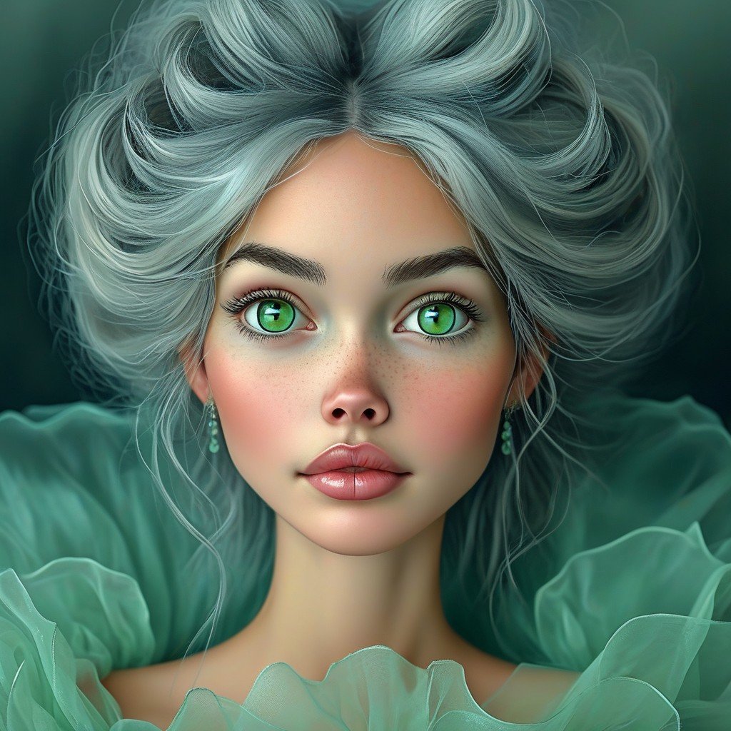 Illustrated portrait of a young woman with silver hair, green eyes, and teal ruffled fabric
