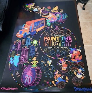 Disneyland Paint the Night parade poster with colorful illuminated floats and characters on black background