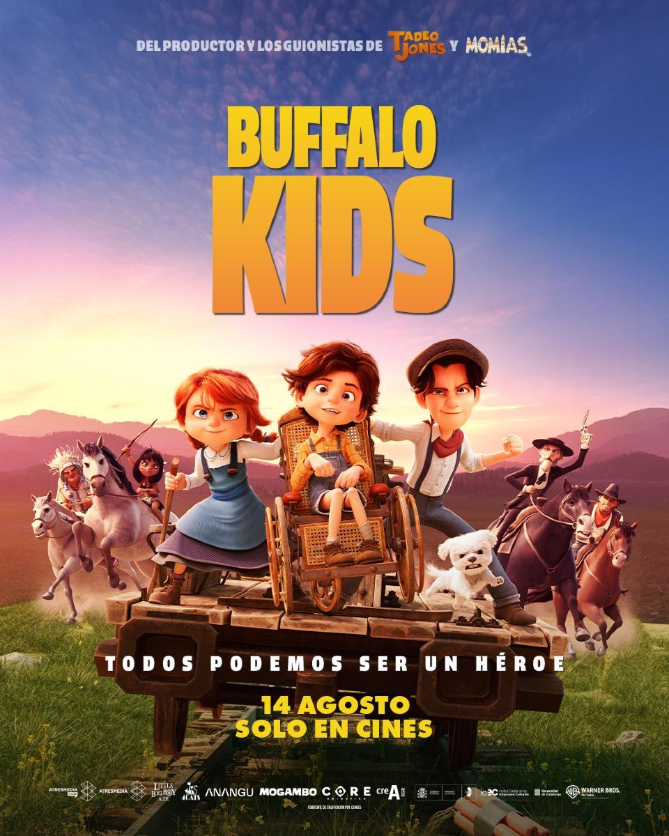 Buffalo Kids animated movie poster with three cartoon children, horses, and mountains under a warm sunset sky