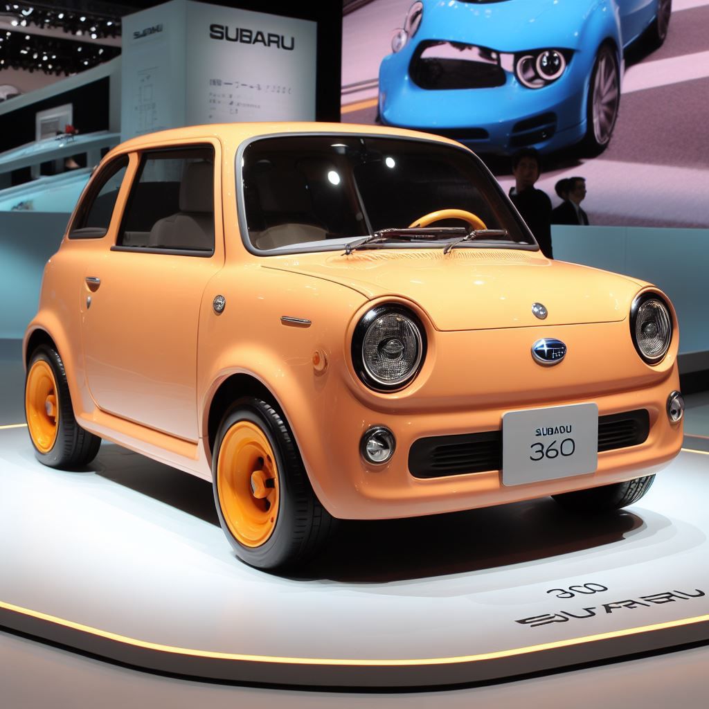 Orange Subaru 360 vintage microcar on display at auto show with modern blue Subaru behind