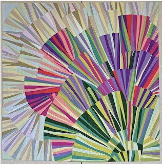 Abstract art with colorful fan shapes radiating outward in striped rainbow patterns