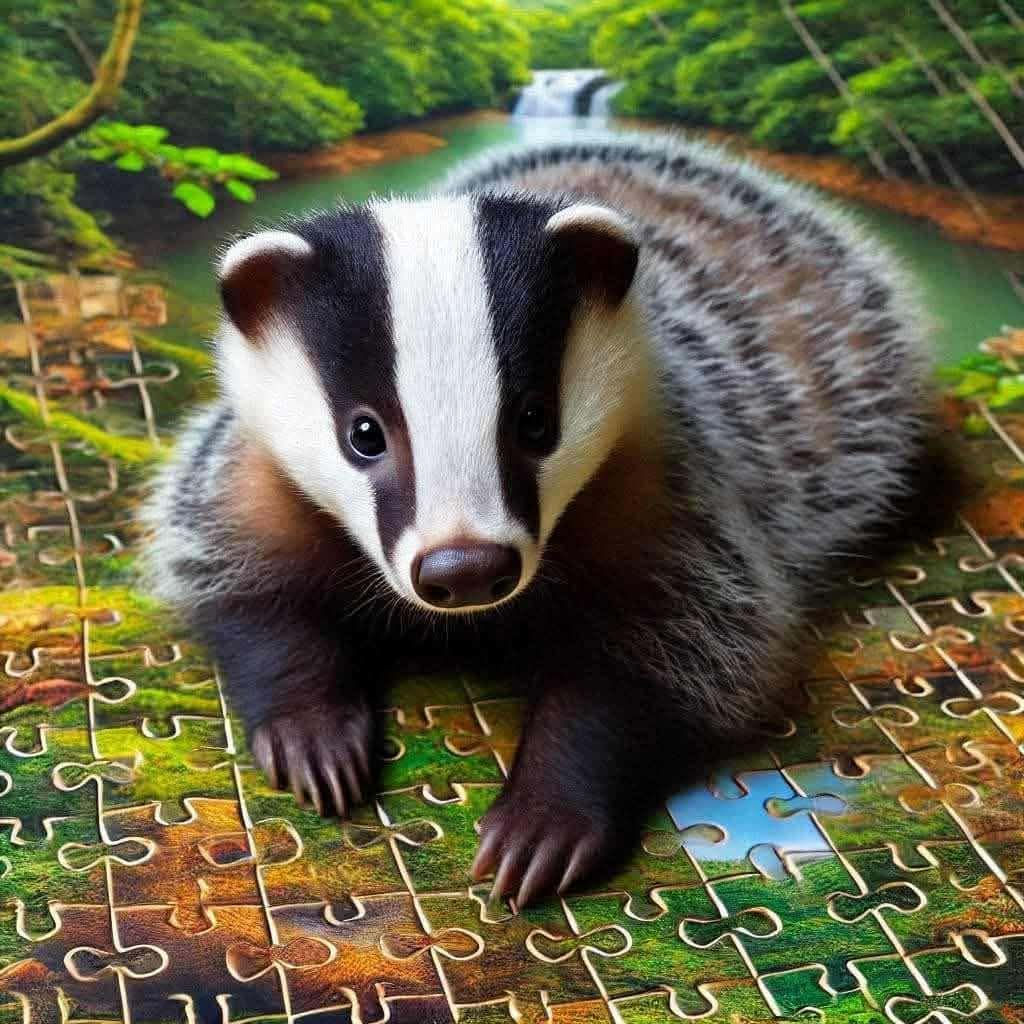 Badger with black and white striped face sitting by forest stream with waterfall