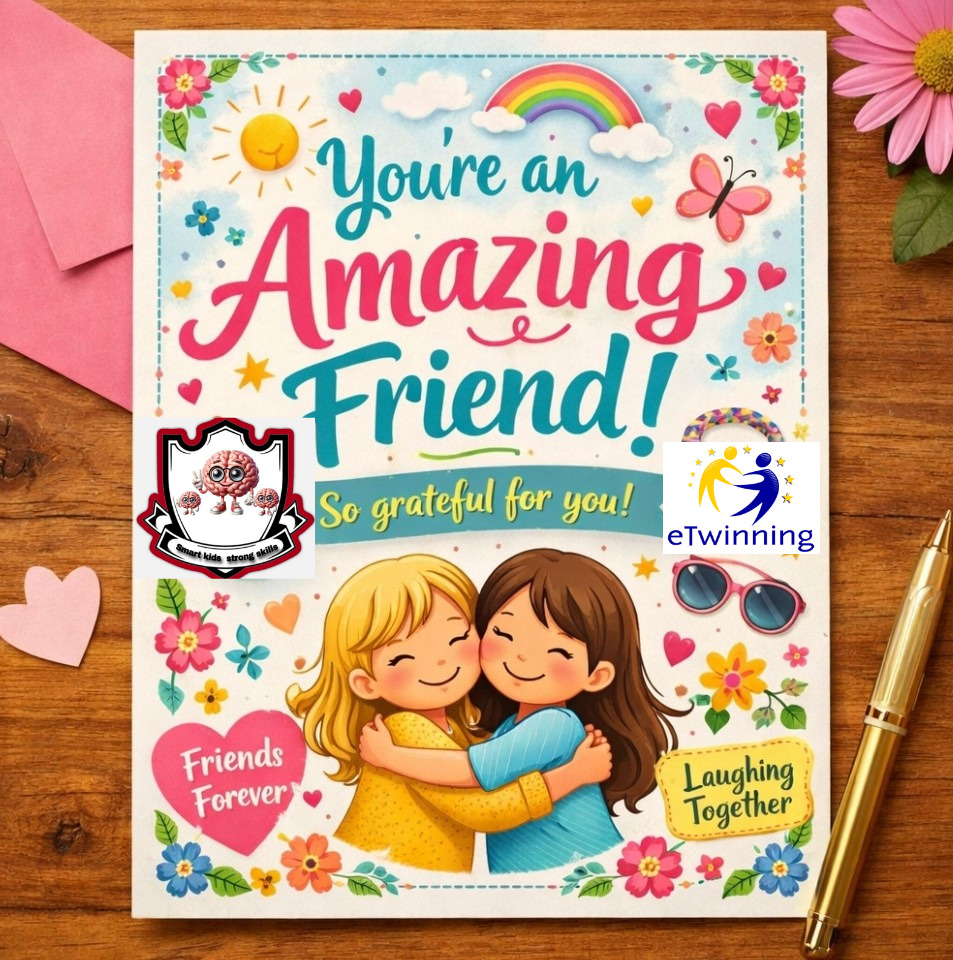 Colorful friendship card showing two cartoon girls hugging with flowers, hearts, and cheerful lettering