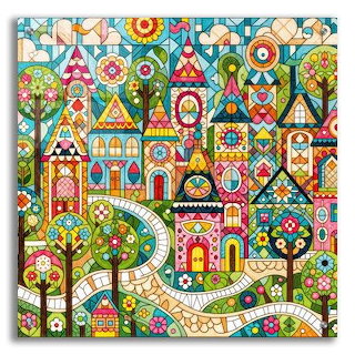 Colorful stained-glass-style village with whimsical houses, towers, trees, and winding paths