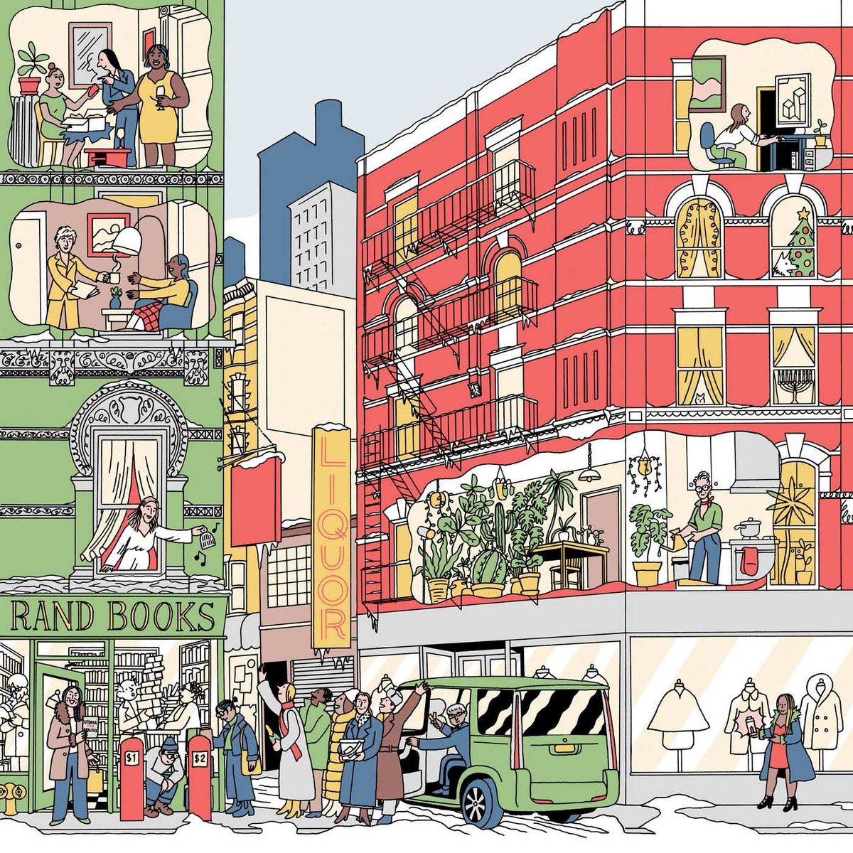 Cartoon city street with apartment buildings, storefronts, pedestrians, and a green van