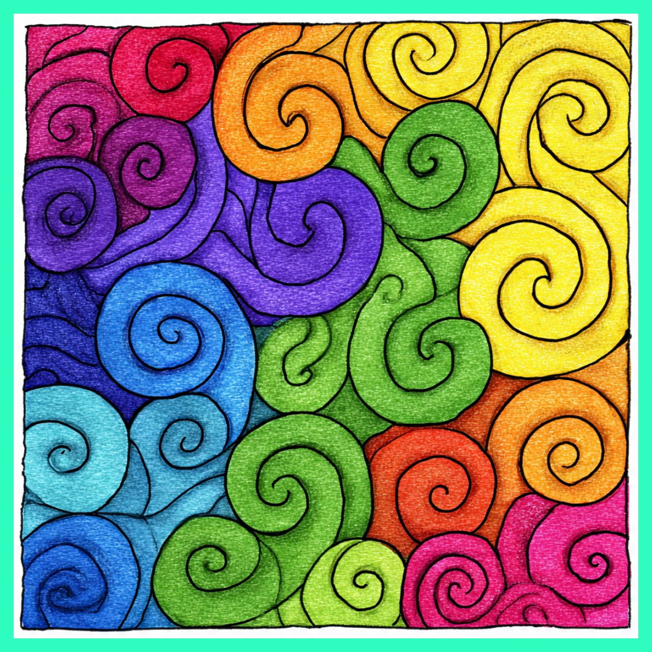 Colorful abstract pattern with rainbow spiral swirls arranged in squares