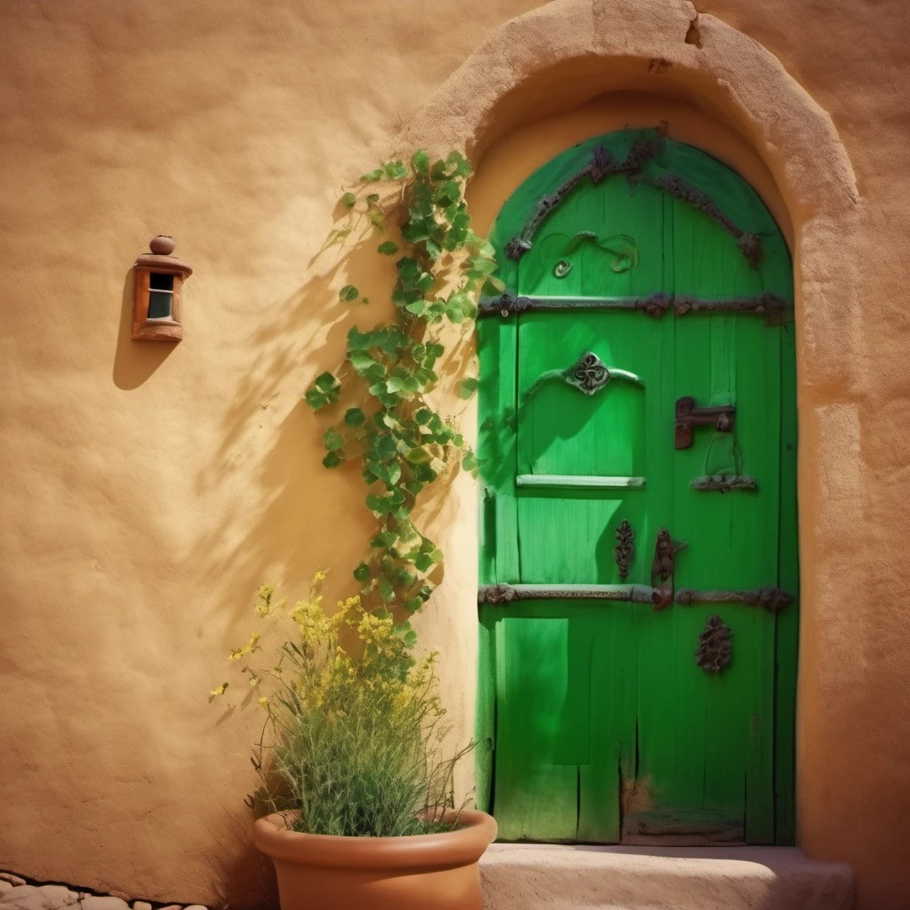 Bright green arched wooden door in an adobe wall with vines and a potted plant