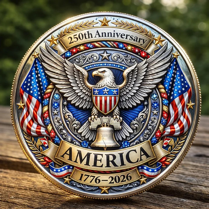Commemorative America 250th anniversary coin with bald eagle, flags, and 1776-2026 inscription
