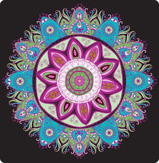 Ornate mandala with purple and blue symmetrical floral design on black background