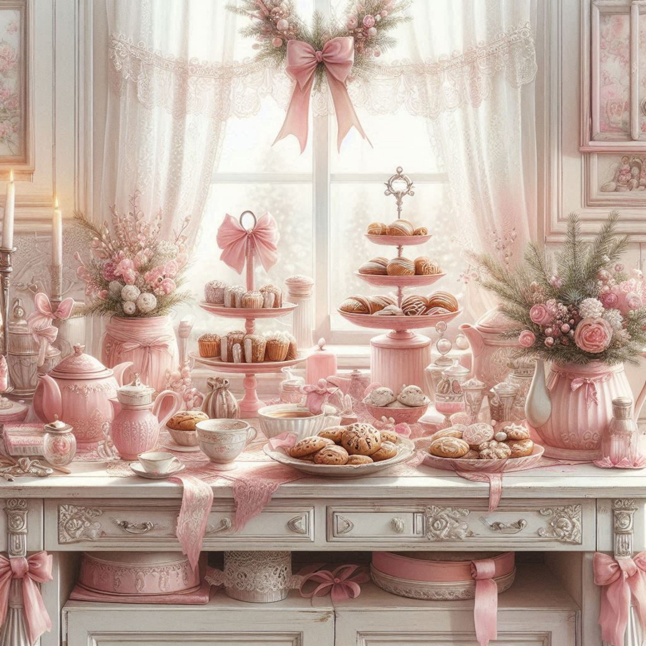 Pink dessert table with flowers, candles, bows, and pastries in a bright elegant room