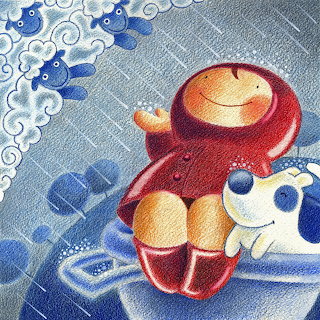 Child in Red Raincoat with Dog
