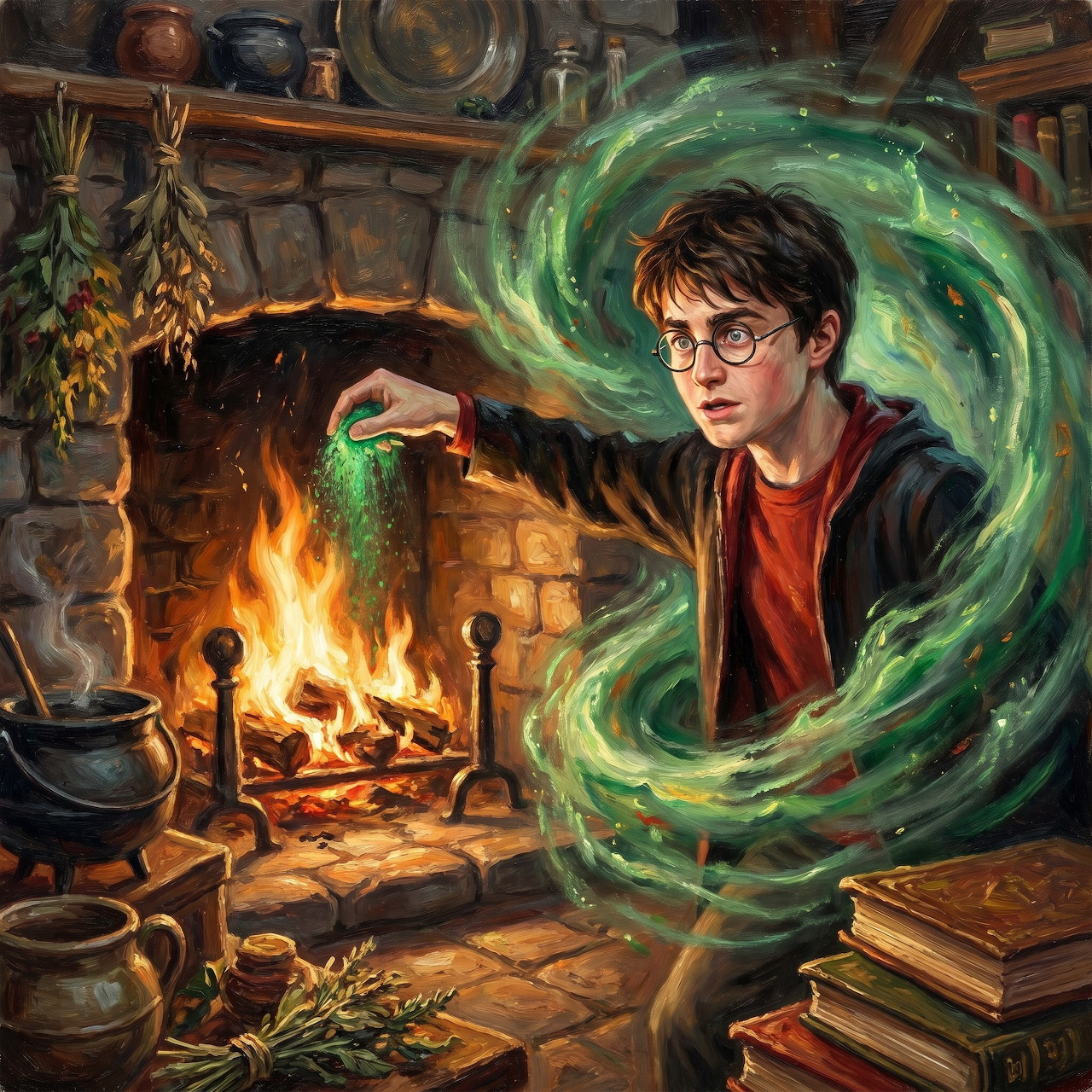 Boy wizard with round glasses casting swirling green magic in room with fireplace and scattered books