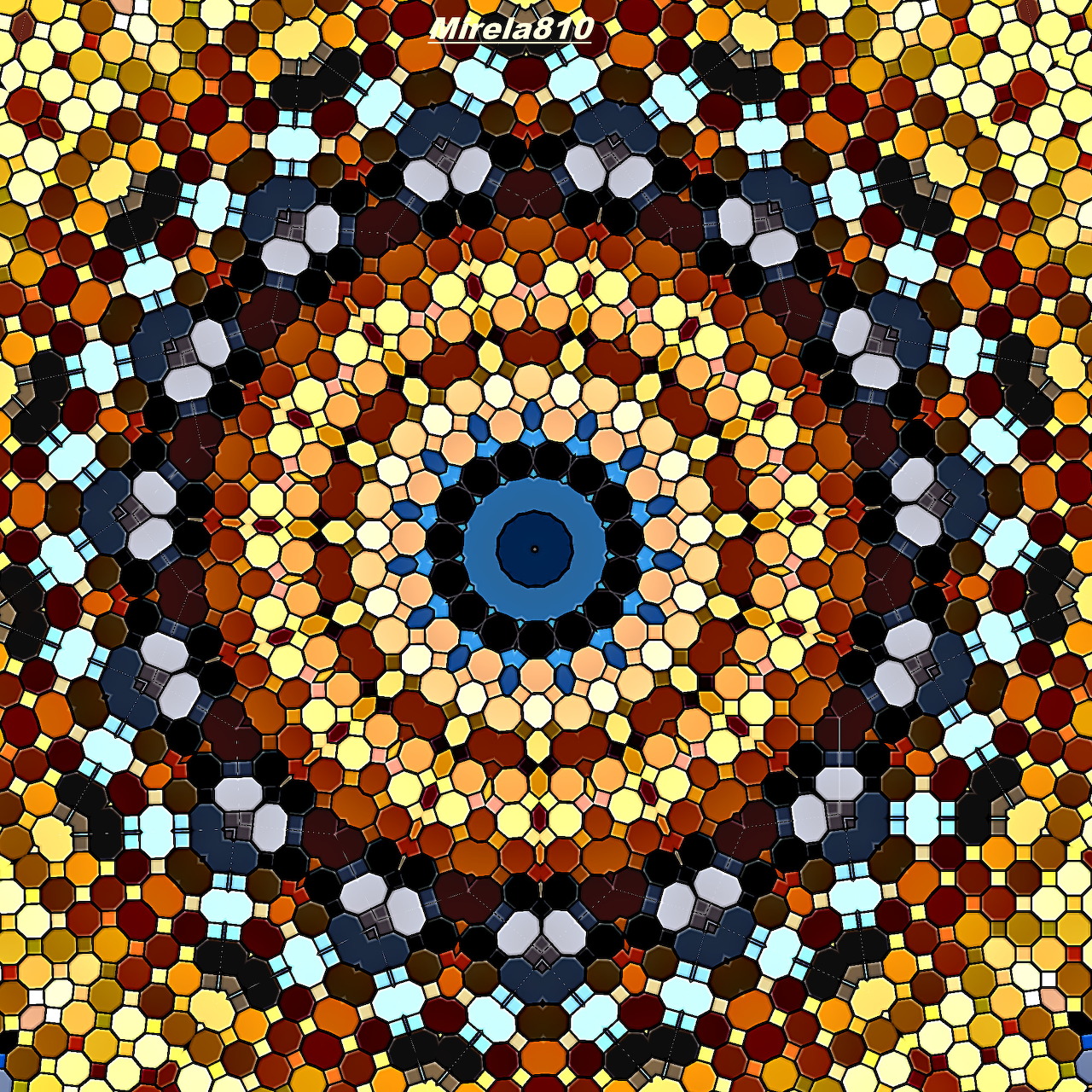 Colorful mandala with hexagonal mosaic pattern radiating from blue center in gold, brown, and black