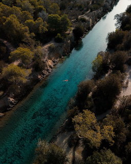 Aerial view of a turquoise river flowing through dense trees with a swimmer in the clear water